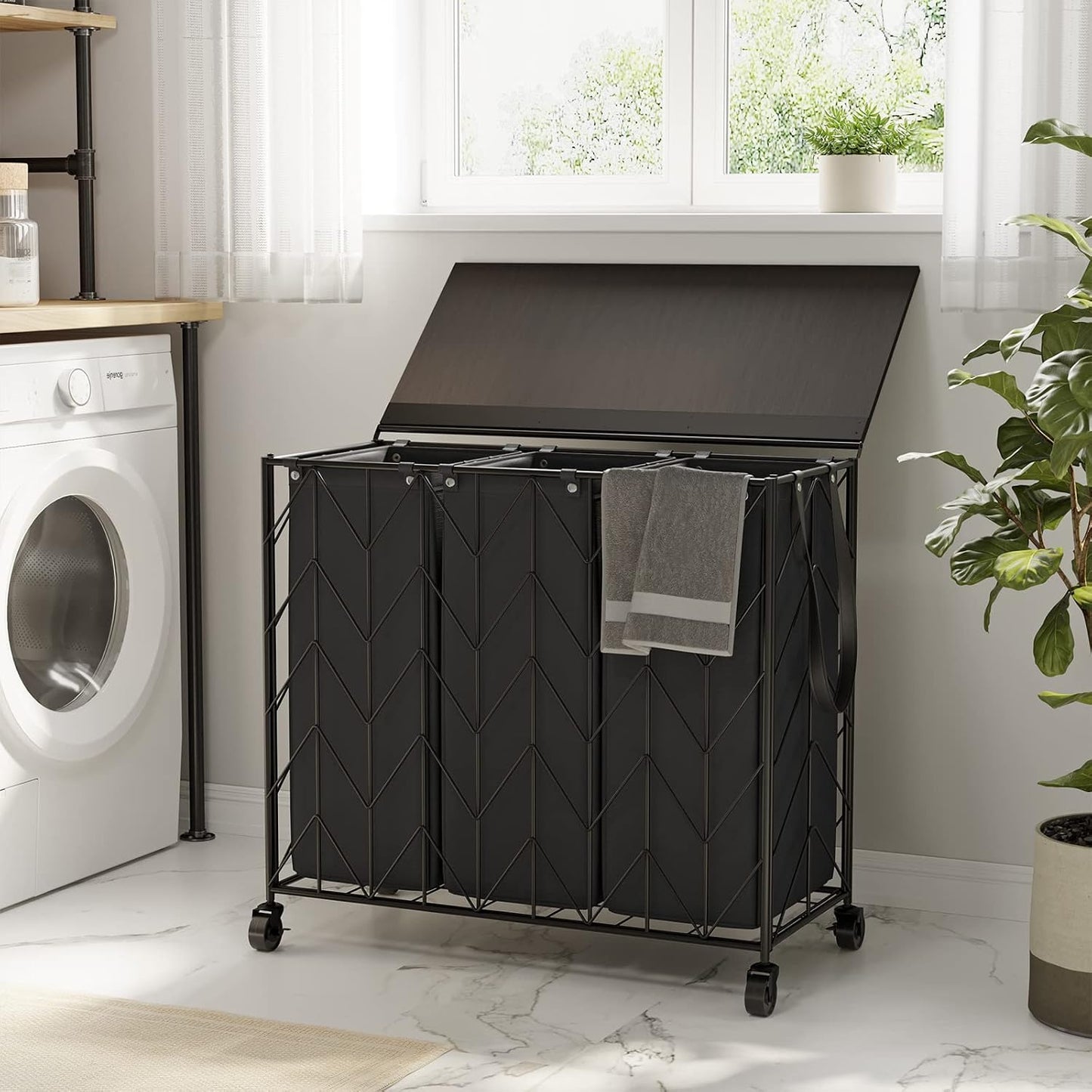 WOWLIVE Laundry Hamper 3 Section with Lid, 142L Laundry Basket with Wheels | Rolling Dirty Clothes Hamper with Removable Bags, Large Iron-Made Laundry Basket Organizer Laundry Sorter for Dorm, Beige