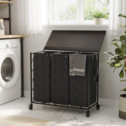 WOWLIVE Laundry Hamper 3 Section with Lid, 142L Laundry Basket with Wheels | Rolling Dirty Clothes Hamper with Removable Bags, Large Iron-Made Laundry Basket Organizer Laundry Sorter for Dorm, Beige