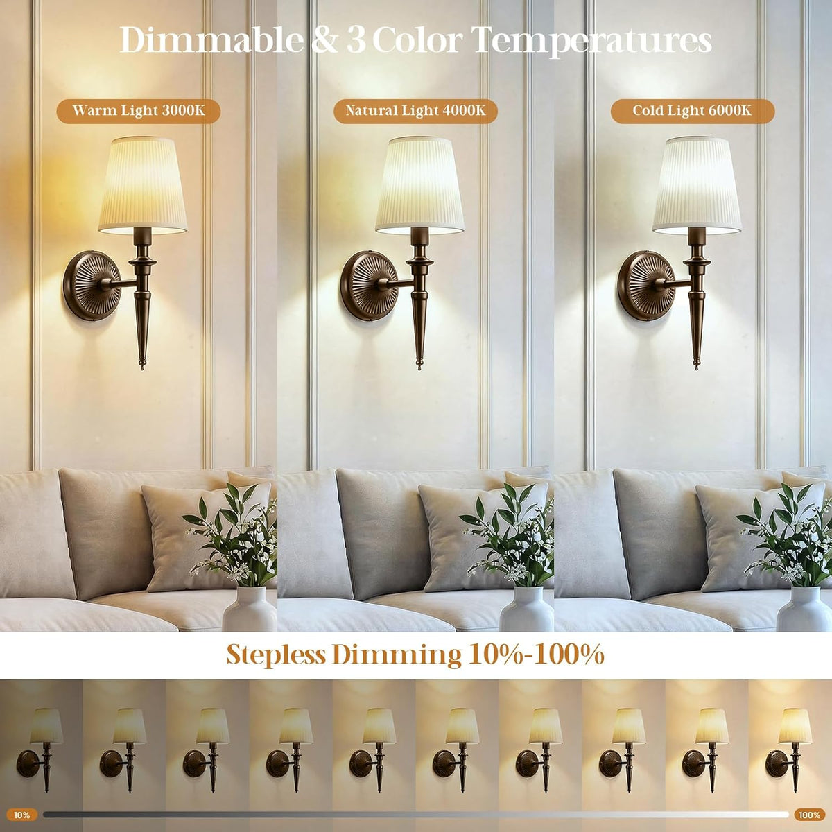 Battery Operated Wall Sconces Set of 2, Wireless Rechargeable Wall Lights with 12 RGB Colors and 3CCT Dimmable, Small Fabric LED Wall Lamps for Bedroom, Living Room, Hallway, Gold