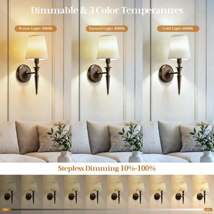 Battery Operated Wall Sconces Set of 2, Wireless Rechargeable Wall Lights with 12 RGB Colors and 3CCT Dimmable, Small Fabric LED Wall Lamps for Bedroom, Living Room, Hallway, Gold