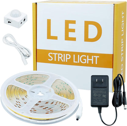 GOMING Motion Sensor COB LED Light Strip 16.4ft(5M) Cool White 6000K | 3 Lighting Modes 3 Timing Off Modes 3 Brightness Modes with Power Adapter for Kitchen Cabinets Stair Showcase Bedroom Bed