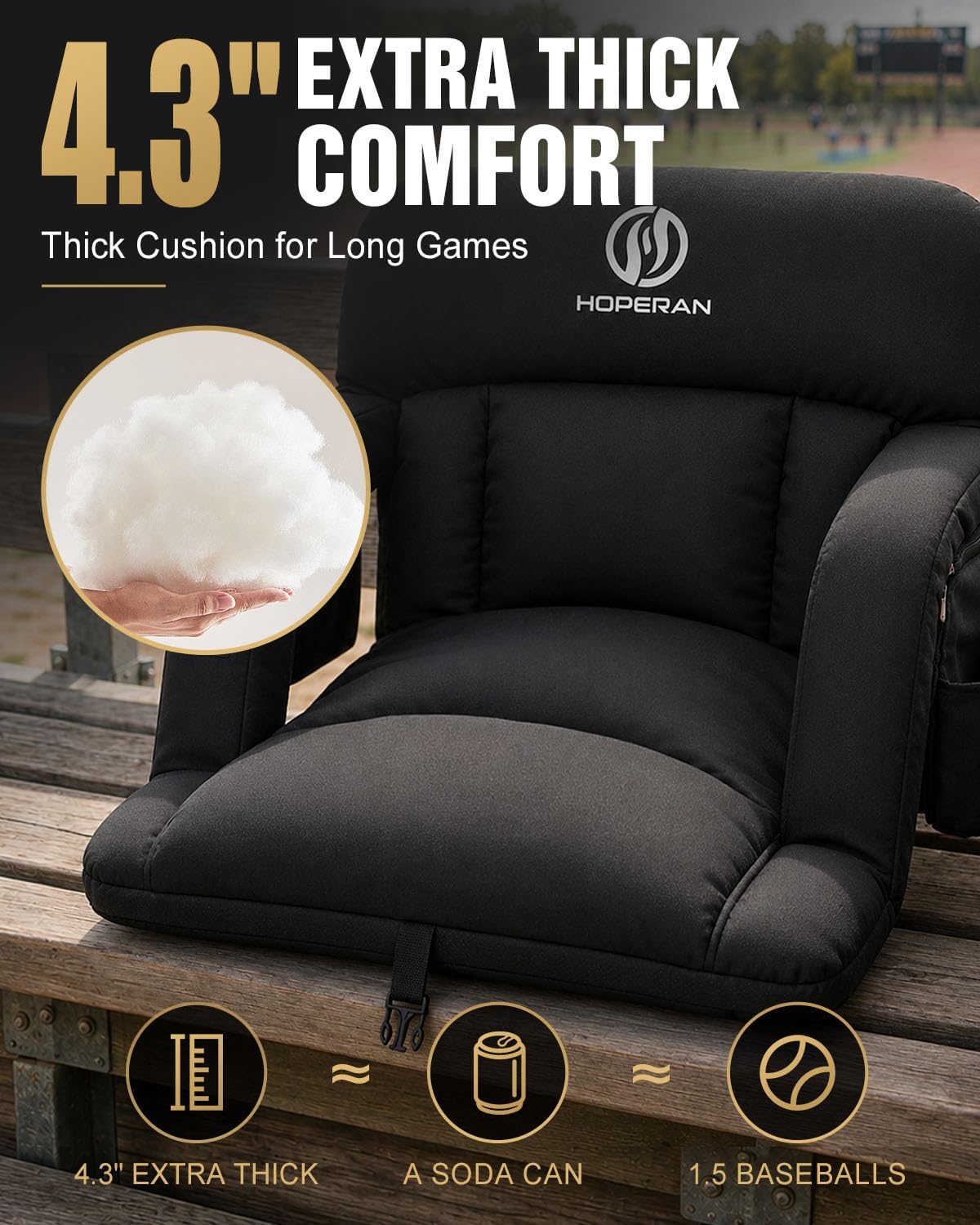 HOPERAN 25in Heated Stadium Seats for Bleachers, 4.3" Extra Thick, Pink | Super Soft Sofa-Style, Independent Seat&Back 3 Level Heat (NO Battery), 6 Recliner, Anti-Slip, Side Pockets, Backpack Straps