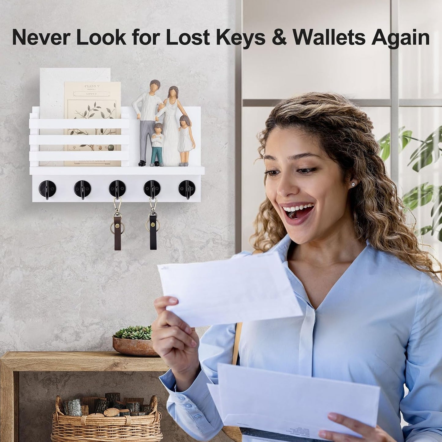Lwenki Key Holder for Wall – Decorative Wooden Mail Holder and Key Shelf with Mounting Hardware, Installation Guide – Paulownia Wood with Metal Key Hooks (Black, Large - 11.8inch)