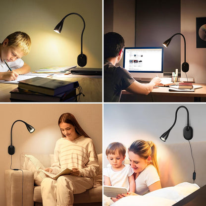 LiFMIRA Wall-Mounted LED Bedside Reading Light with USB Charging Port, 10-Level Dimmable & Adjustable 5 Color, Plug-in Adhesive Night Lamp for Books in Bed, Eye-Caring Bedroom Lighting (White)