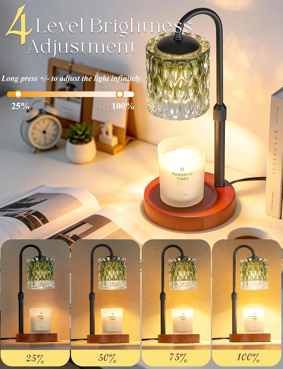 Briever Dimmable Candle Warmer Lamp with Timer, Height Adjustable Electric Candle Wax Warmer, Christmas Birthday Gifts for Women Mom, House Warming Gifts New Home Room Decor, Black Solid Wood Base