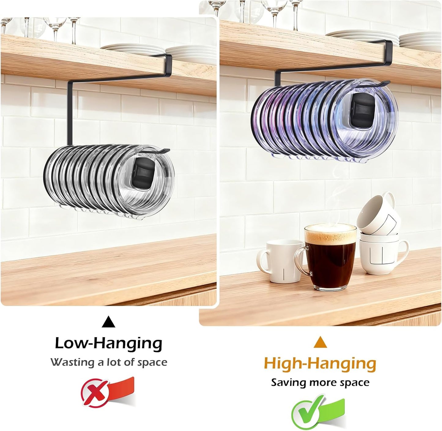 LWGFIO 2 Pack Tumbler Lid Organizer, Under Cabinet Cup Lid Holder, Black | Iron racks, 10.24-inch length, slide onto shelves, no drilling or adhesive, space-saving kitchen storage inside cabinets
