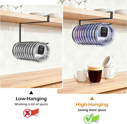 LWGFIO 2 Pack Tumbler Lid Organizer, Under Cabinet Cup Lid Holder, Black | Iron racks, 10.24-inch length, slide onto shelves, no drilling or adhesive, space-saving kitchen storage inside cabinets
