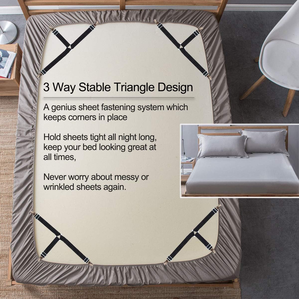 Bed Sheet Holders Straps Fasteners - 4 Pcs 3 Ways Sheet Fasteners Fitted Sheet Corner Grippers Holder Elastic Adjustable Sheet Clip Hooks Suspenders Straps(Black Triangle)