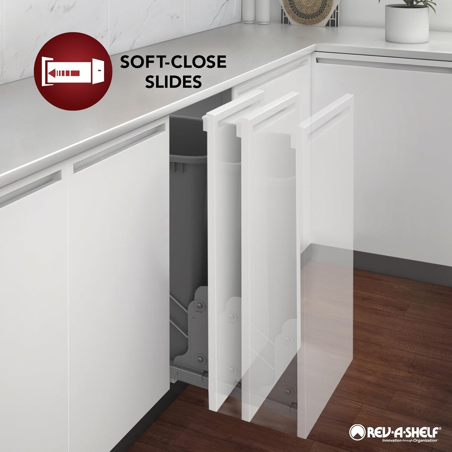 Rev-A-Shelf Double Pullout Trash Can w/Soft-Close Slides, 14.5" Min Opening | Large Capacity Garbage/ Recycling Waste Bins for Under Kitchen Cabinets, Heavy Gauge Wire Construction, 53WC-1835SCDM-211