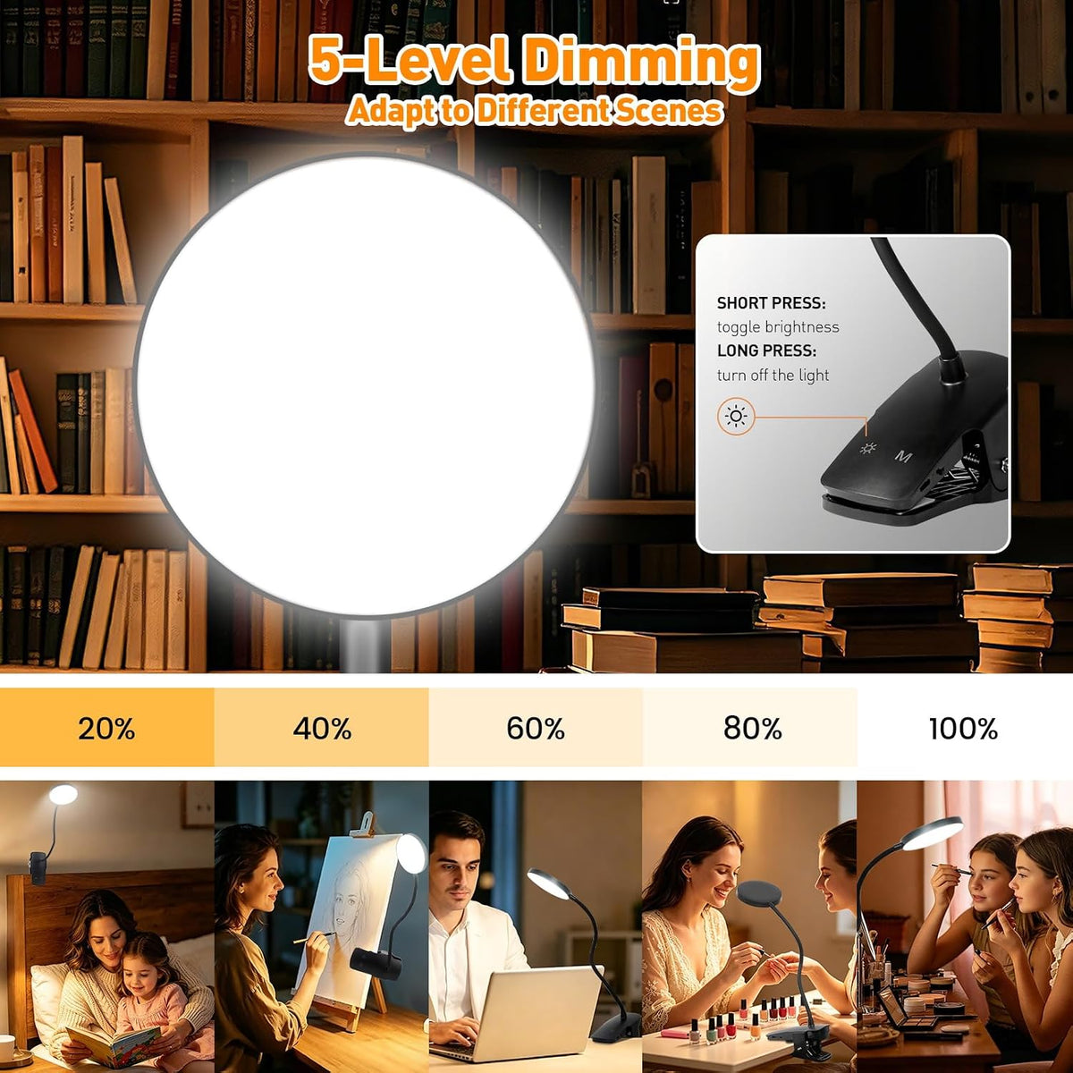 Cordless Rechargeable Clip On Desk Lamp Thick Flexible 360° Gooseneck