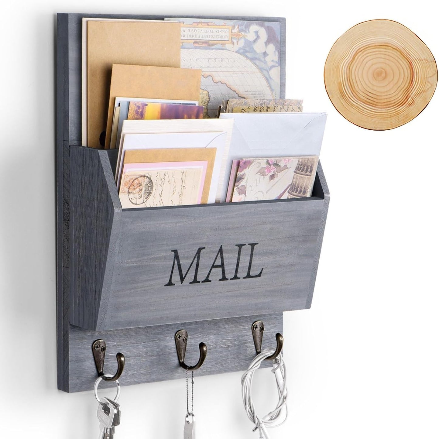 DLQuarts Solid Wood Mail Organizer with Key Holder for Wall, Mail Sorter Wall Mounted, Decorative Wooden Key and Mail Holder with 3 Hooks, White