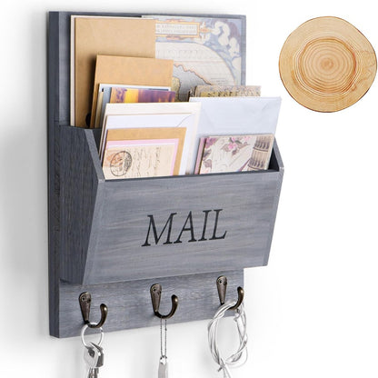DLQuarts Solid Wood Mail Organizer with Key Holder for Wall, Mail Sorter Wall Mounted, Decorative Wooden Key and Mail Holder with 3 Hooks, White