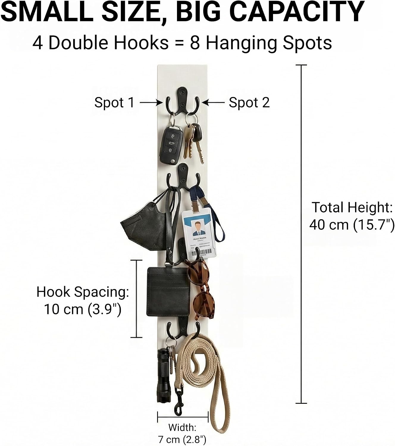 Vertical Key Holder for Wall & Dog Leash Holder – Solid Wood Wall Mount Key Rack with 8 Hooks – Small Space Saving Entryway Organizer for Keys, Lanyards, Masks (Adhesive or Screws) (White)