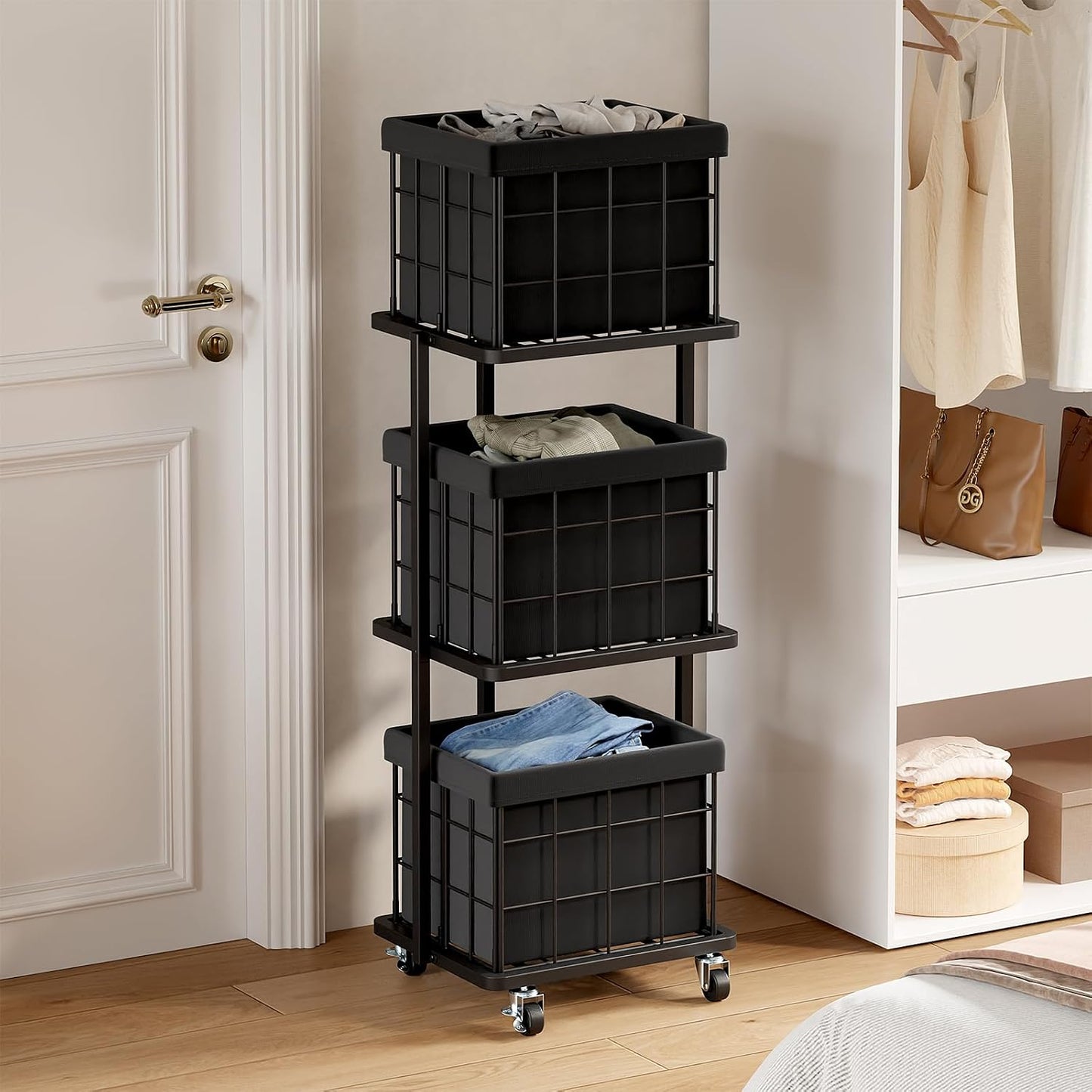 120L Vertical Laundry Sorter,3 Tier Metal Rolling Laundry Basket | Slim Tall Laundry Hamper 3 Section with wheels and 3 Removable Bags for Small Spaces, Dorm, Bathroom, Laundry Room, White