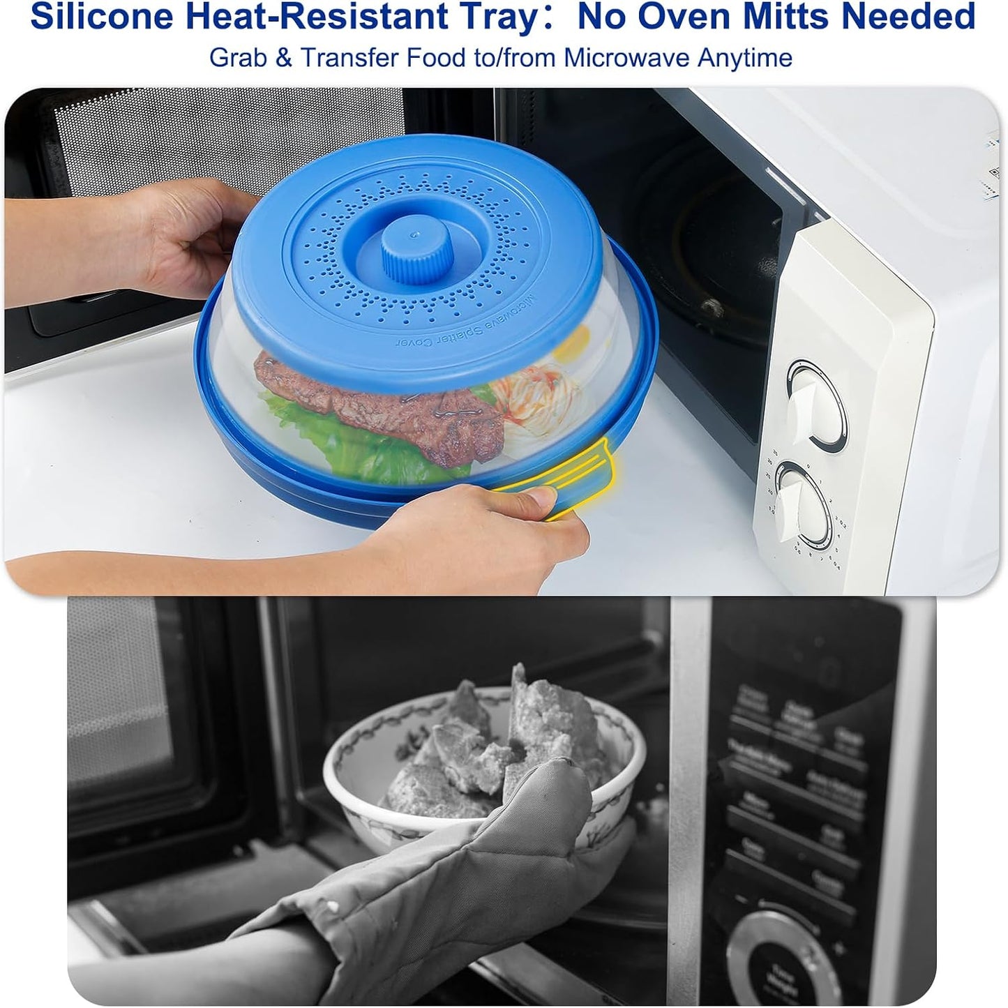 Microwave Splatter Cover for Food with Handle &Heat-Resistant Mat, 10.7" Collapsible Microwave Plate Cover - BPA Free, Dishwasher Safe Food Lid, Multi-Use Colander & Steamer for Meal Prep （Black）