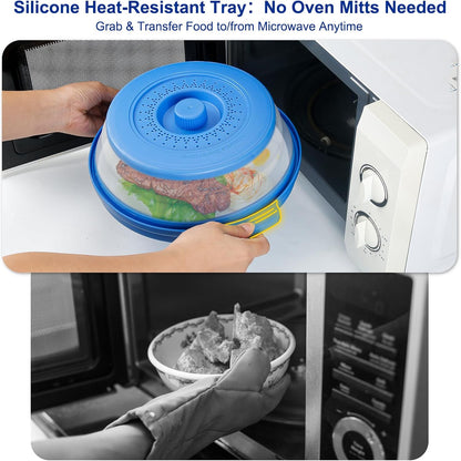 Microwave Splatter Cover for Food with Handle &Heat-Resistant Mat, 10.7" Collapsible Microwave Plate Cover - BPA Free, Dishwasher Safe Food Lid, Multi-Use Colander & Steamer for Meal Prep （Black）