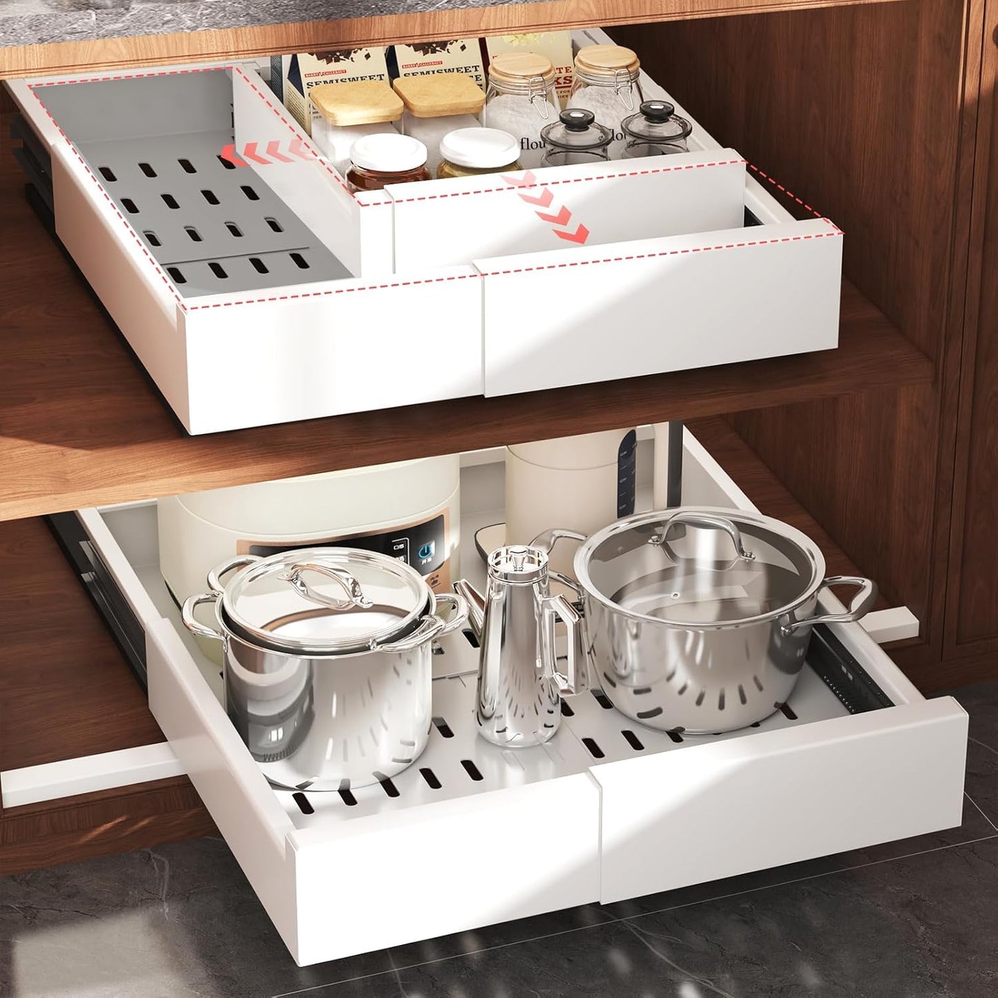 Seinloes Pull Out Cabinet Organizer,4-Side Expandable to Maximize Cabinet Space,Slide Out Drawers with 3 Rail Design,Roll Out Shelf with Raising Pad for Framed Cabinet,13"-21"W x 17"-24"D,White,2 Pack