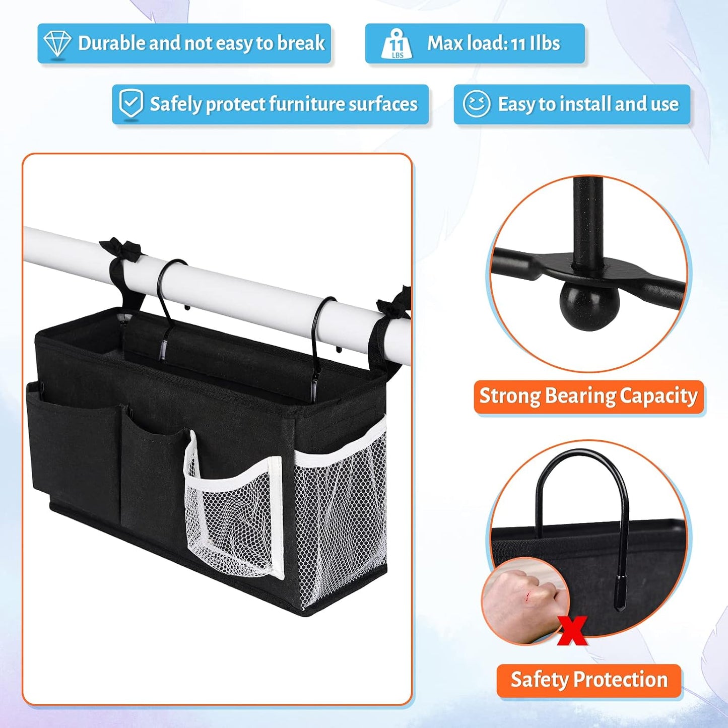 Bedside Caddy, Bedside Storage Bag Hanging Organizer for Bunk Dorm Bed Rail | Bed Caddy with Hooks, Top Bunks and Dorm Essentials for Water, Tissues, Tablets, Books, Phones, Remotes and Other Necessories