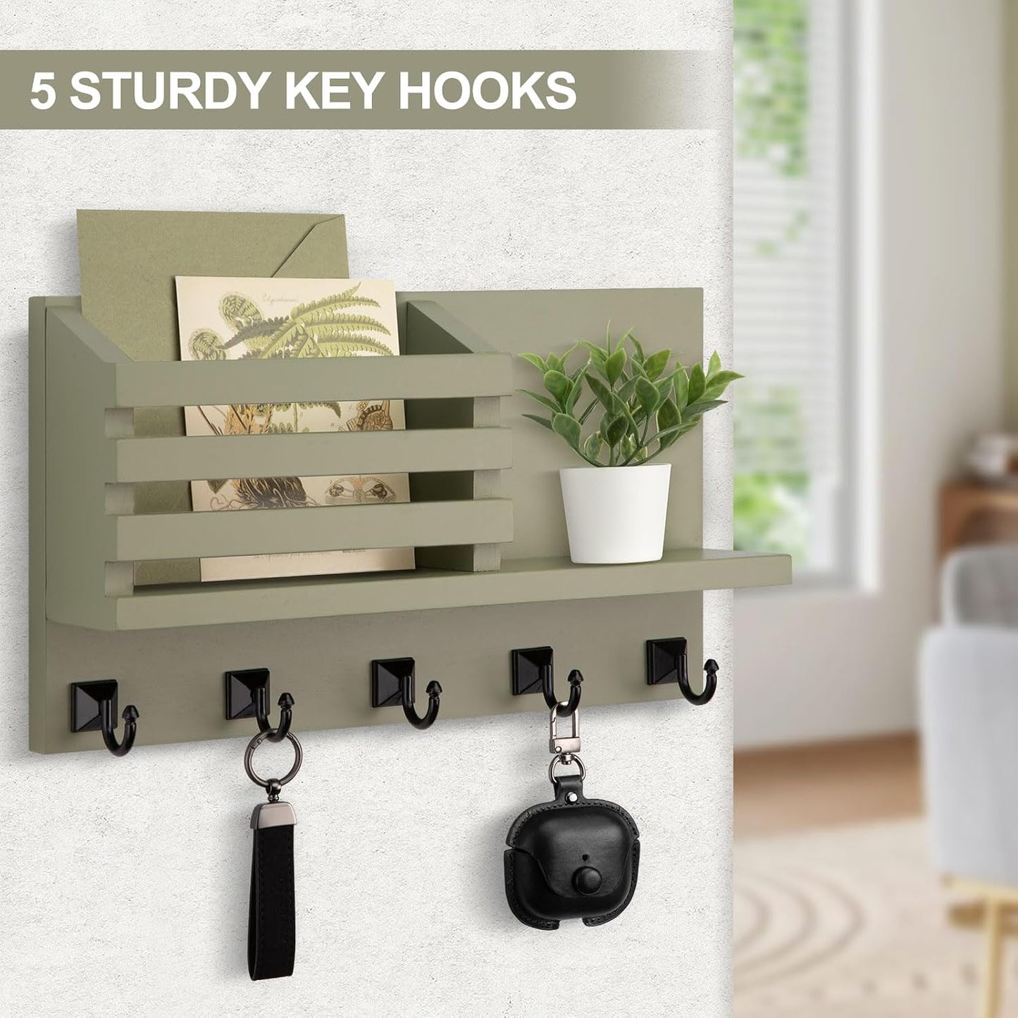 Key Holder Wall Mount, Mail Organizer for Wall with 5 Square Key Hooks | Key Holder for Wall, Key Holder with Shelf Farmhouse Home Decor for Home Entryway