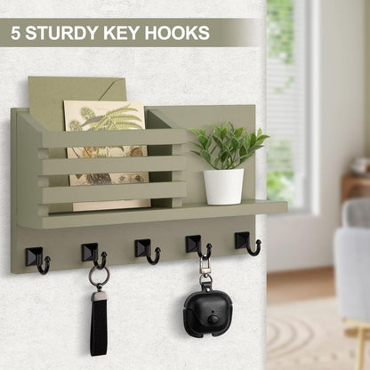 Key Holder Wall Mount, Mail Organizer for Wall with 5 Square Key Hooks | Key Holder for Wall, Key Holder with Shelf Farmhouse Home Decor for Home Entryway
