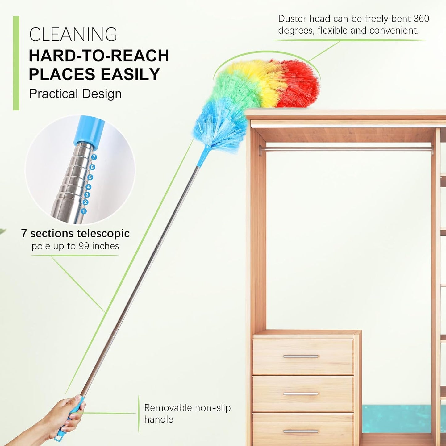 4PCS Microfiber Duster Kit, 3 in 1 Microfiber Dusters Retractable Gap Dust Cleaner and Chenille Duster with 83 inches Extra Long Extension Pole for Cleaning Ceiling Fan, High Ceiling