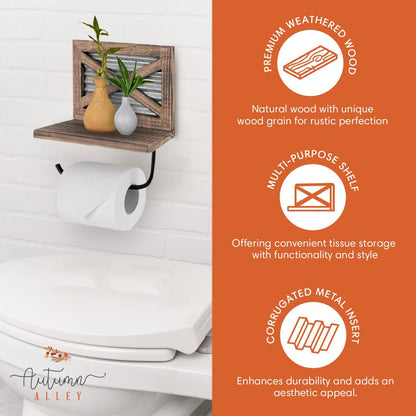 Autumn Alley Rustic Farmhouse Toilet Paper Holder with Shelf for Wipes - Rustic Farmhouse Bathroom Decor - Farmhouse Bathroom Accessories and Western Bathroom Decor Wall Mounted, Brown Wood