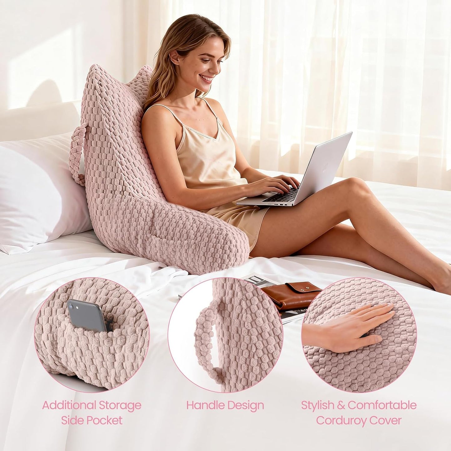 Standard Reading Pillow for Bed Sitting Up, Backrest Pillow with Shredded Memory Foam Filling, Back Support Cushion, Bed Rest Pillow with Arms, Pockets and Washable Cover-Grey