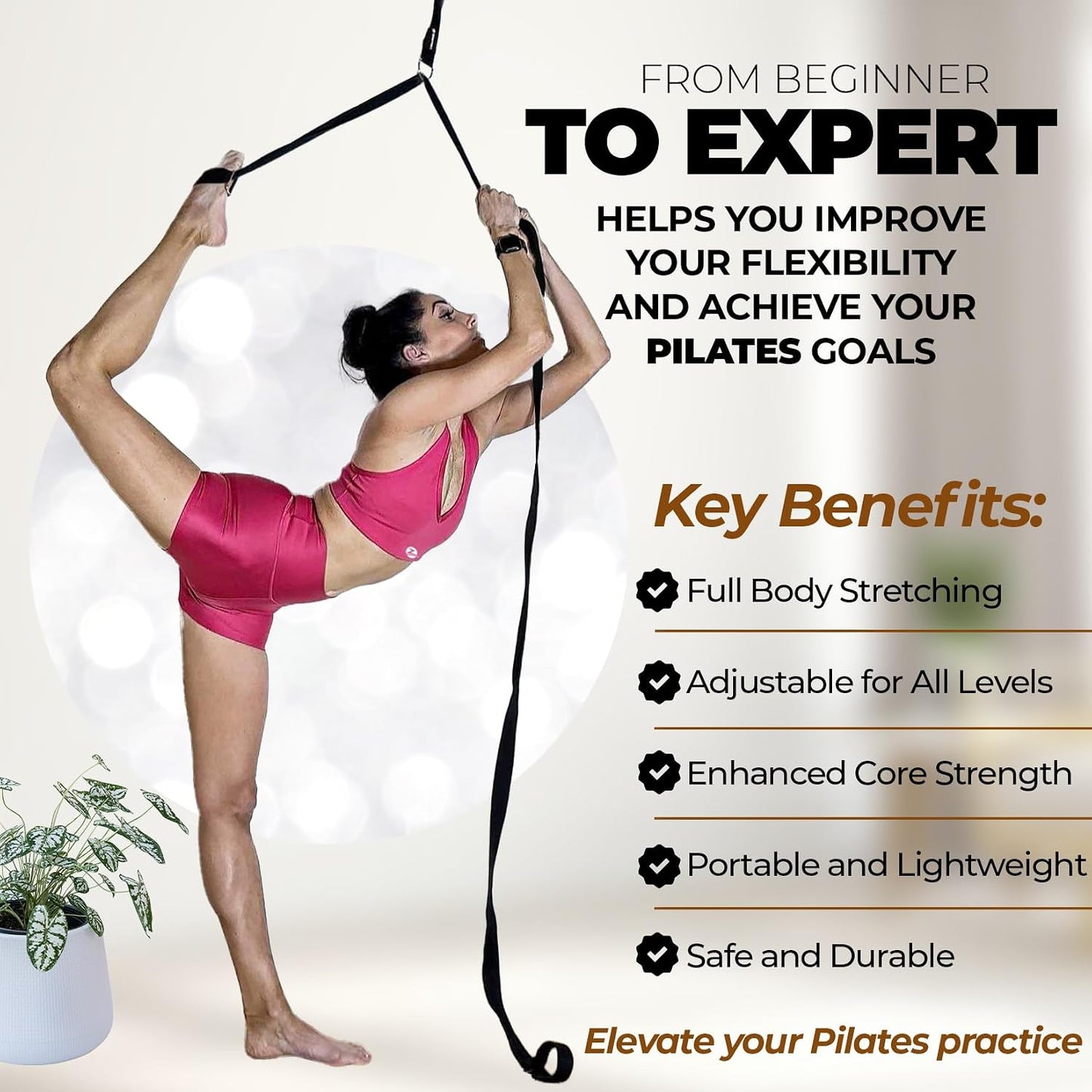 Pilates Stretching Strap with Door Anchor for Flexibility Training | Improve Leg Flexibility, Core Stability and Posture Alignment - Ideal for Pilates, Stretching, Mobility and Home Workouts