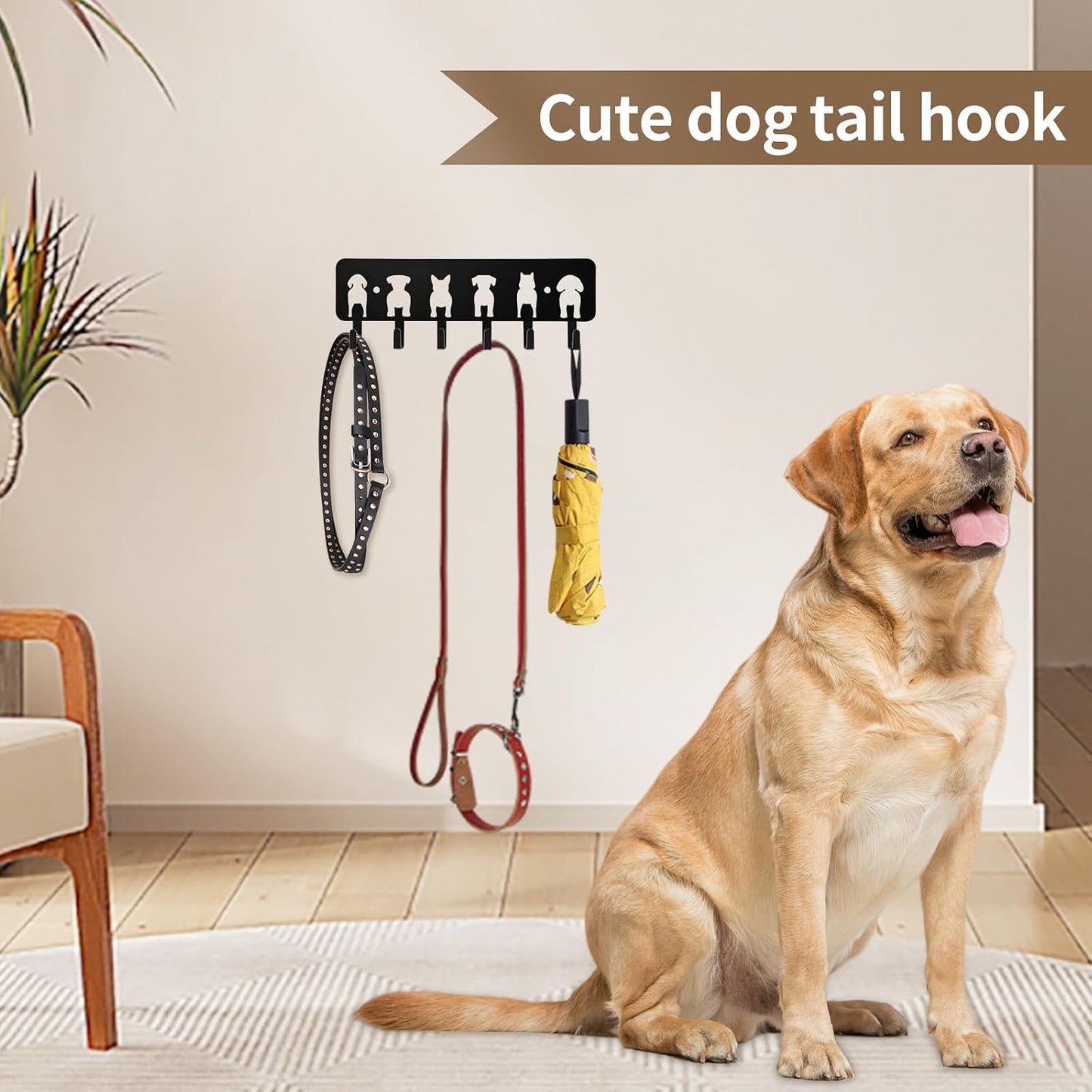 Key Hooks Decorative Dog Leash Holder for Wall, 6 Hooks 9.84×3.14 inch for Wall Decorative Animal Storage Rack Adhesive, Black Key Holder wall Mount for Entrance Living Room Kitchen-Dog Lovers Gifts