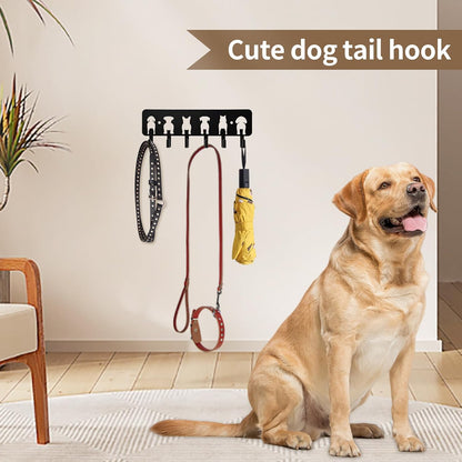 Key Hooks Decorative Dog Leash Holder for Wall, 6 Hooks 9.84×3.14 inch for Wall Decorative Animal Storage Rack Adhesive, Black Key Holder wall Mount for Entrance Living Room Kitchen-Dog Lovers Gifts