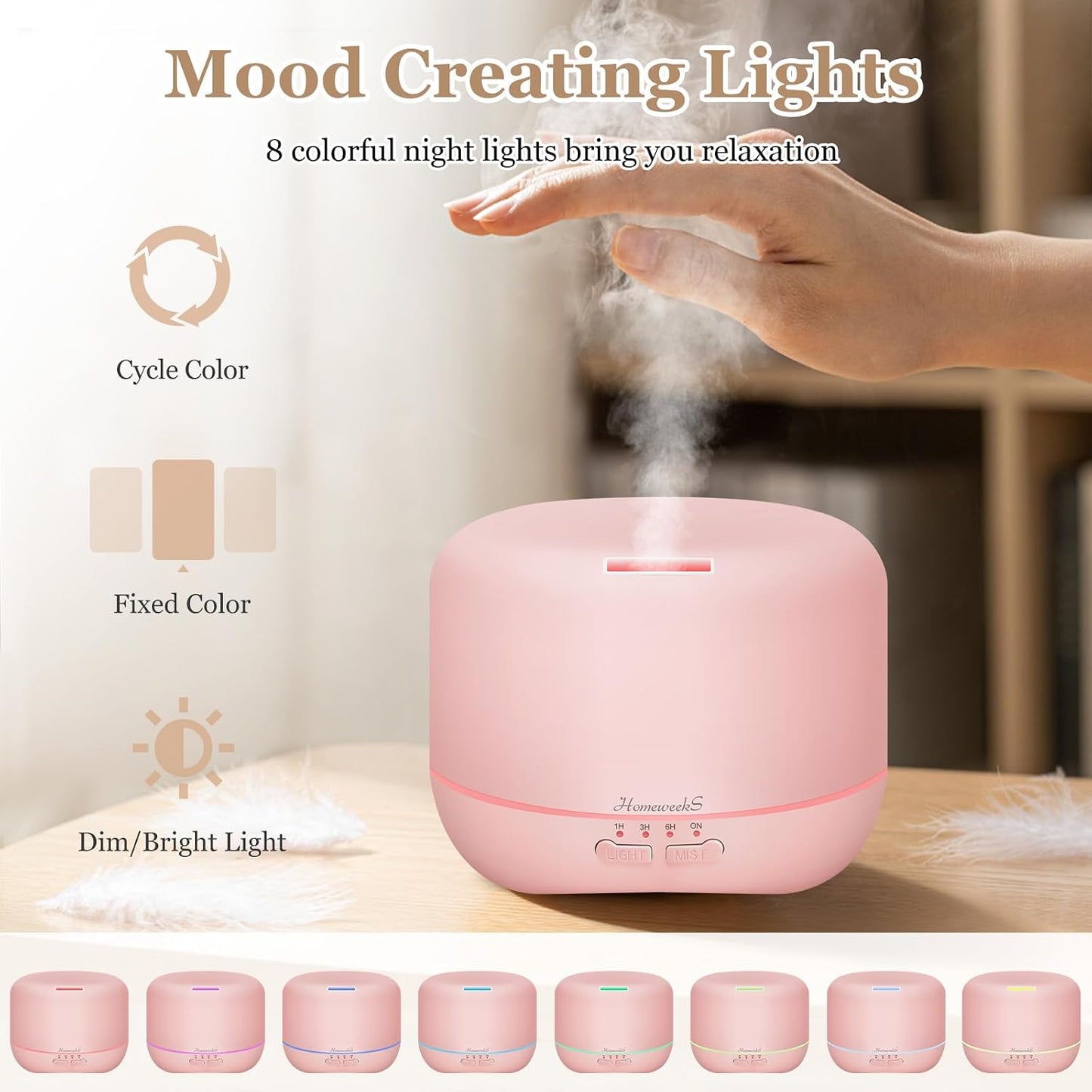 Homeweeks 300ml Essential Oil Diffuser, Quiet Aromatherapy Mist Diffusers for Essential Oils, Wood Grain, Ultrasonic, Remote Control, Timer, 7 Colors Light for Bedroom (300ml)