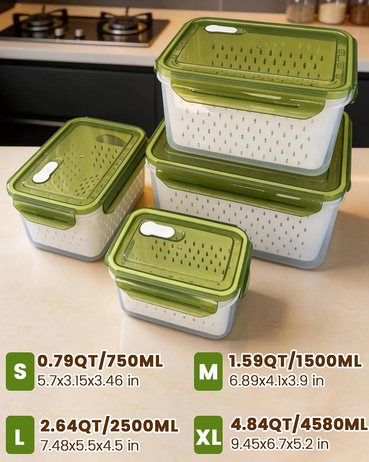 TBMax Fruit Storage Containers for Fridge Organizers and Storage, 4 Pack Large Produce Saver with Airtight Lid & Colander for Berry Lettuce Salad Vegetable Storage, Refrigerator Organizers