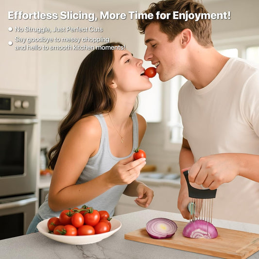 2 PCS Onion Holder for Slicing, Vegetable Slicer Slice Cutter Chopper Guide | Stainless Steel Kitchen Slicer Tool, Safe Anti-Cut, Uniform Slices for Tomato, Avocado, Potato, Egg, Lemon, Meat Tenderizer.