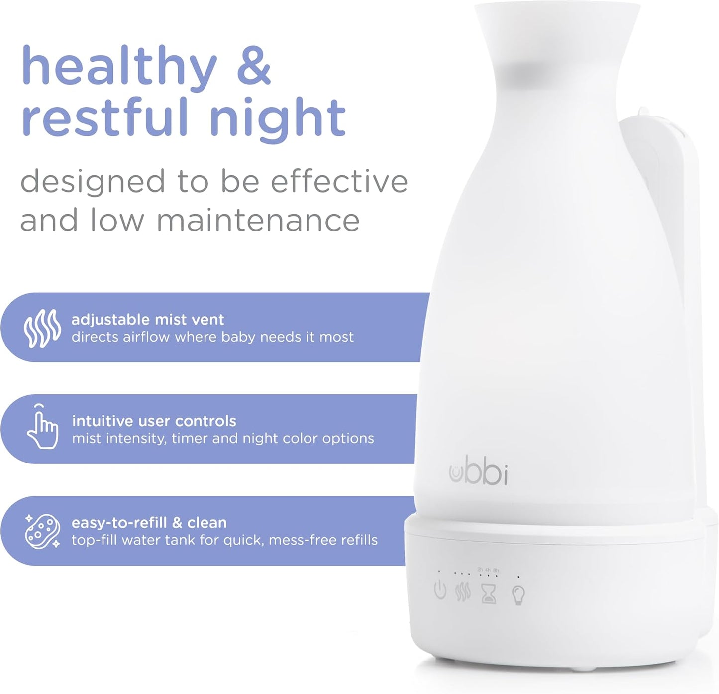 Ubbi Ultrasonic Humidifier, Easy Top-Fill Design | Adjustable Mist Control, Whisper-Quiet 25dB, Soft Night Light Glow for Nursery & Bedroom, Easy to Clean, Auto Shut-Off