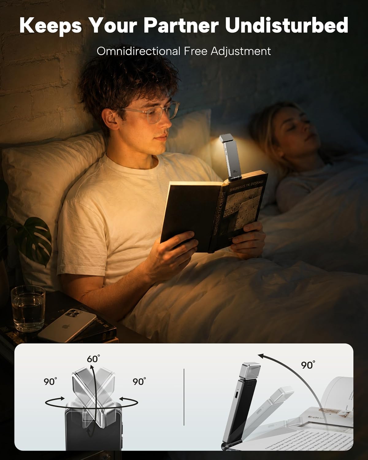 86lux Book Light, Rechargeable Clip-On LED Reading Light for Bed | 3 Color Temperatures with Stepless Dimming, Ultralight Bookmark Design for Book Lovers, Grey