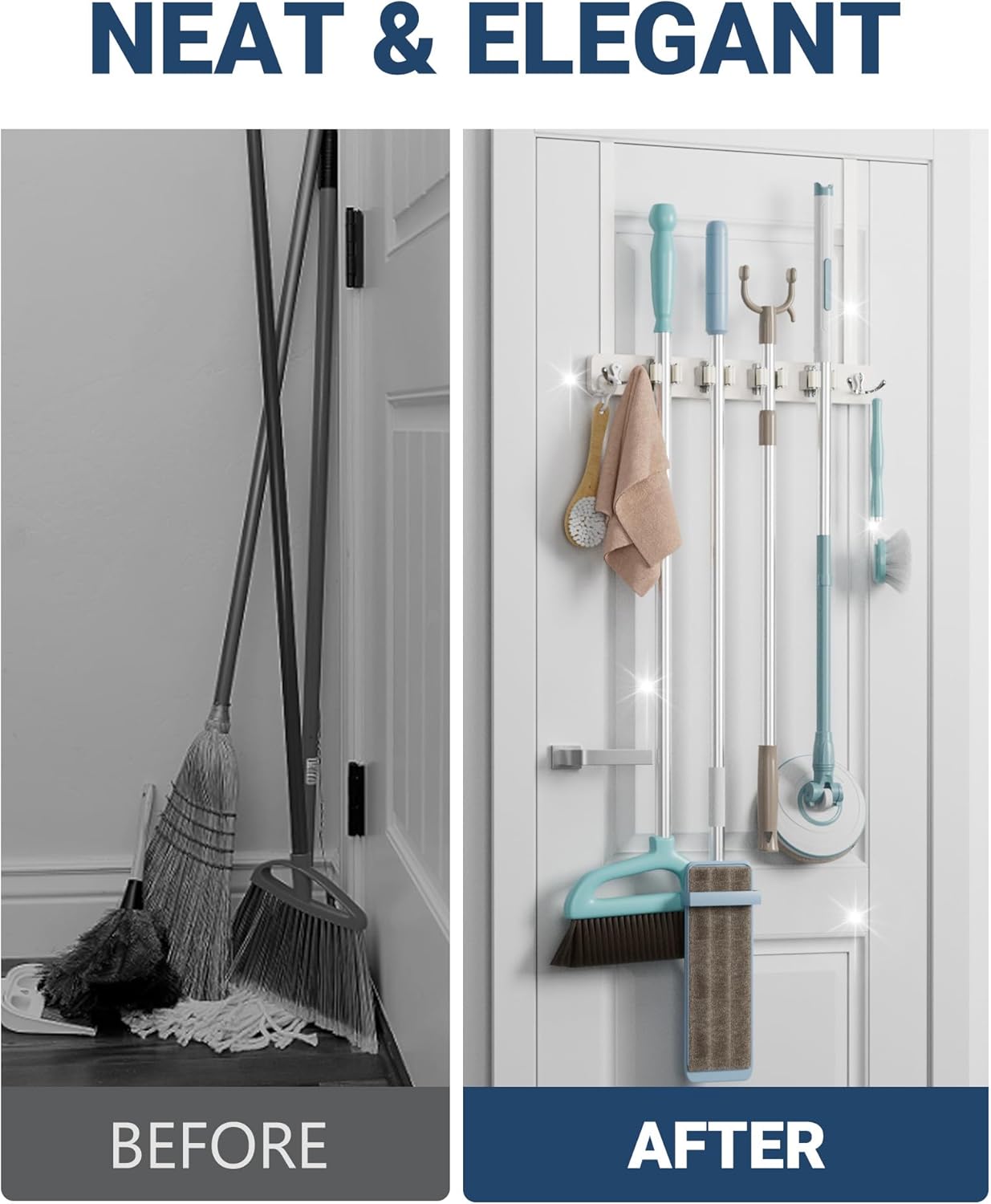 Lorbro Broom Holder Door Mount, Wood Over the Door Broom and Mop Holder | 4 Slots 4 Hooks, No Drill Setup, EVA Protection Pads, Secure Grip, Laundry Garage Closet Kitchen Use, White