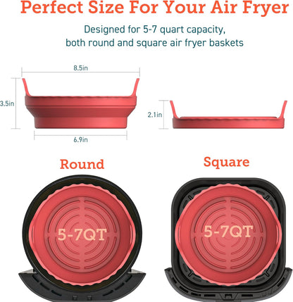 Cosori Air Fryer Silicone Liners for 3-5 Qt, Foldable 7.6 Inch Reusable Basket, Certified Food Grade Accessories, Resistant up to 450°F, Thickened & Durable, Non-stick Dishwasher Safe, Gloves, 2 Pcs