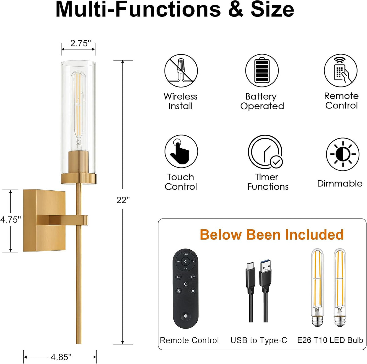 Wireless Wall Sconces with Remote Control, Battery Operated Wall Sconce Set of 2, Black & Gold Rechargeable Dimmable Wall Light for Bedroom Living room Bathroom Hallway Entryway Stairwell, 3000K
