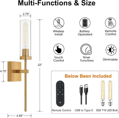 Wireless Wall Sconces with Remote Control, Battery Operated Wall Sconce Set of 2, Black & Gold Rechargeable Dimmable Wall Light for Bedroom Living room Bathroom Hallway Entryway Stairwell, 3000K