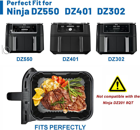 Silicone Air Fryer Liners for Ninja Foodi Dual DZ550 & DZ401 & DZ302 10Qt | Reusable Airfryer Silicone Pot Rectangle, Upgraded High Wall Baking Basket Insert, Dishwasher Safe, BPA-Free