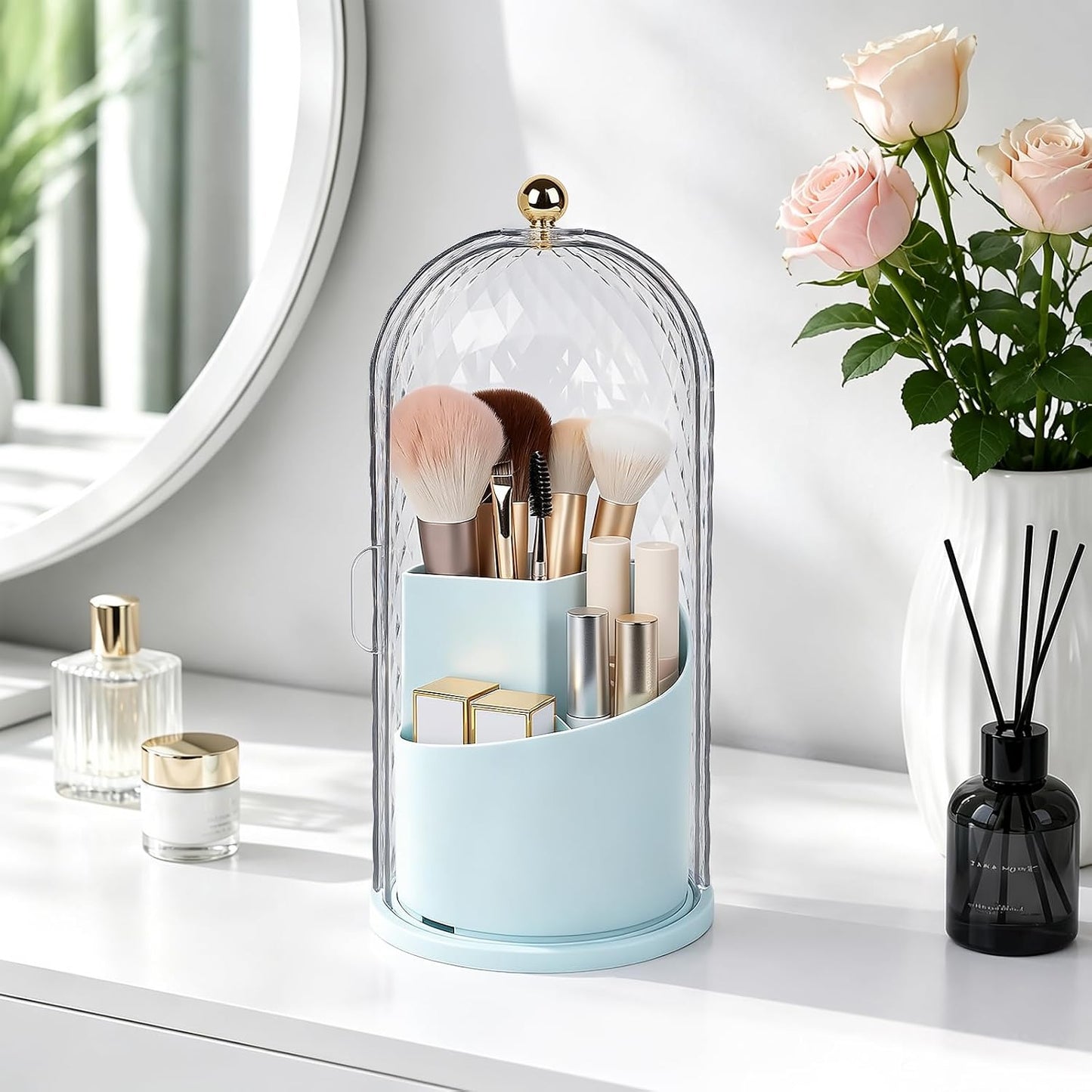 Toothbrush Holder with Cover for Bathroom Countertop, Organizer, White | Rotating 3 Slot Holder for Electric Toothbrushes, Toothpaste, Self Draining Vanity Organizer, Makeup Brush Storage