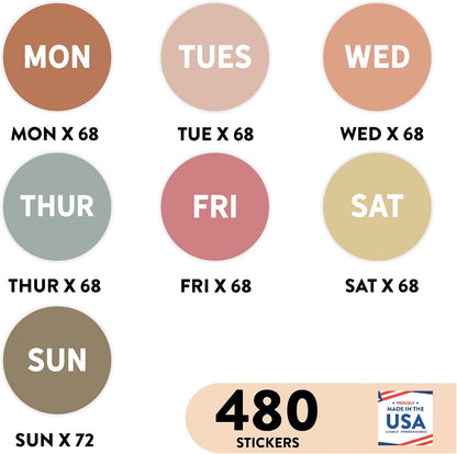 Andaz Press Colorful 7 Days of Week Stickers, Day Week Calendar Stickers for Adults Planner Day Dots Food Labels for Food Containers Date Calendar Planner Stickers Week Day Sticker Labels, 480-Pack