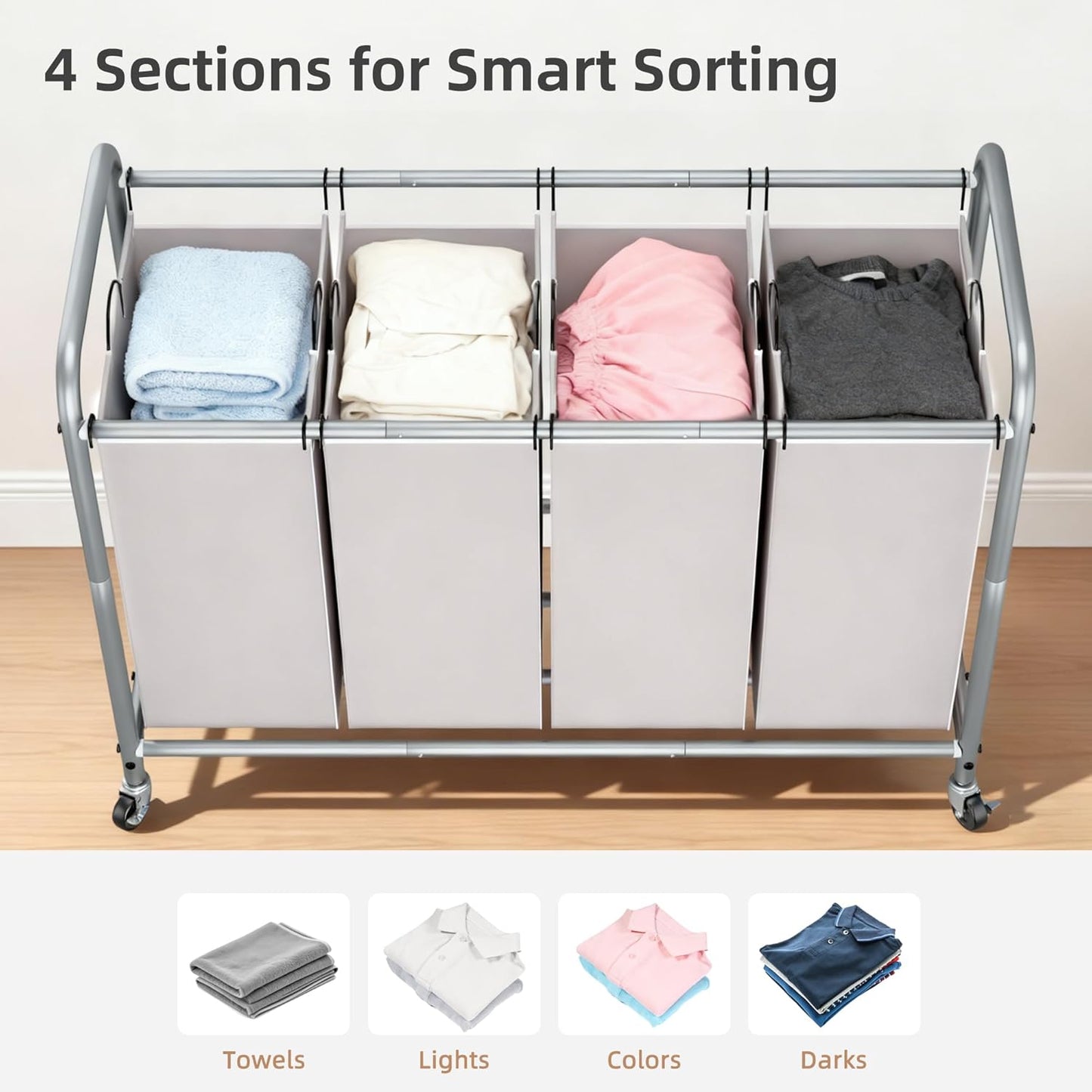 STORAGE MANIAC 3 Section Laundry Sorter, 35.6 Gal (135 L) Laundry Hamper Cart with Heavy Duty Rolling Lockable Wheels and Removable Bags, Clothes Organizer Basket Separator Hamper, Gray