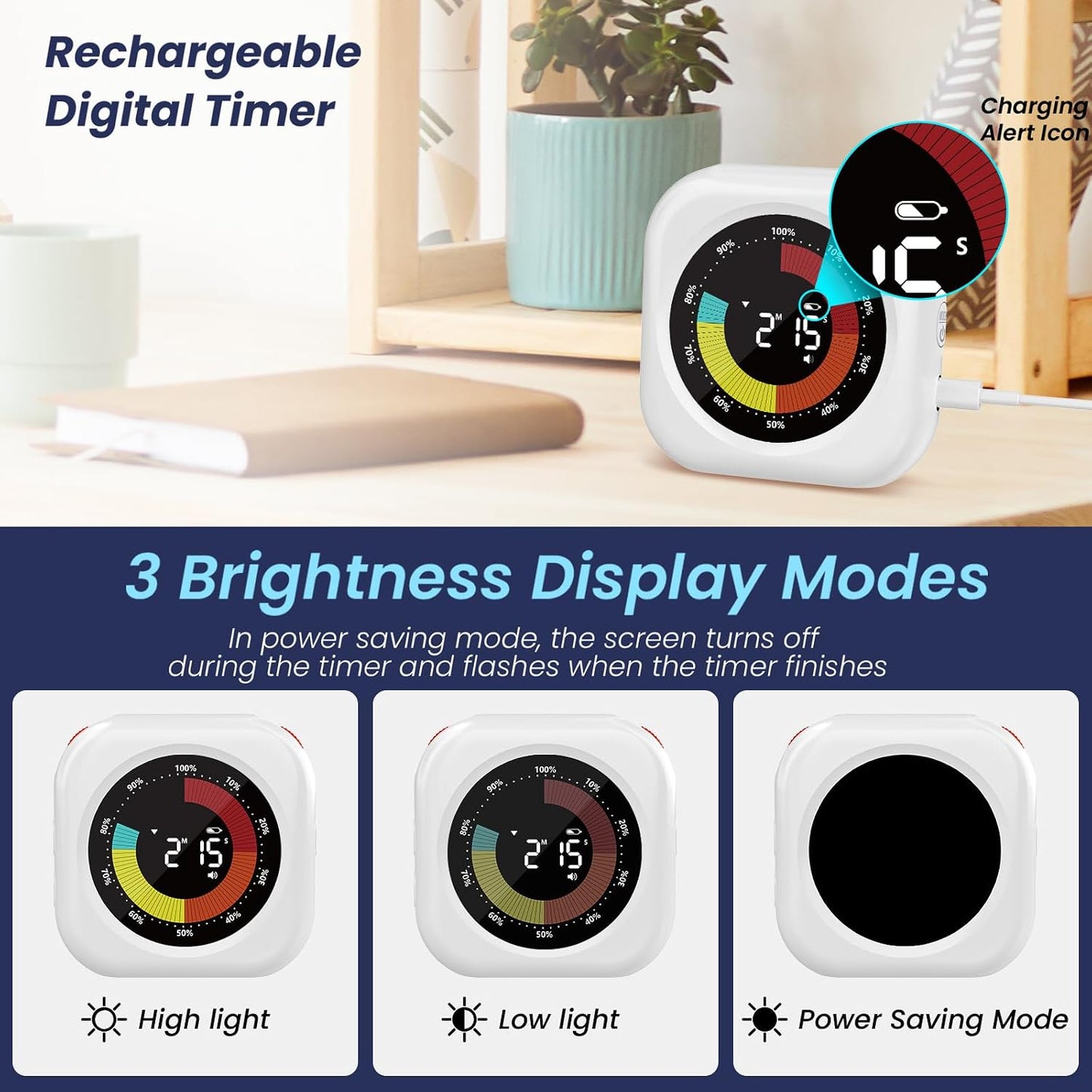 PERSUPER Visual Timer for Kids, Rechargeable 10-Hour Countdown/Up Timer | with 3 Volume Levels, 3 Brightness Display, and Magnetic, Homeschool Study Tool, Large Digital Timers for Classroom, Kitchen