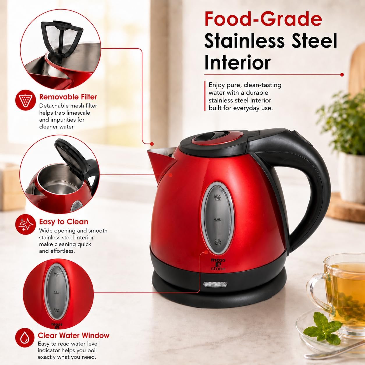 Moss & Stone Red Stainless Steel Electric Kettle, 1.2L Cordless 1500W | Small, portable hot water tea kettle, fast boiling pot, boil-dry protection, auto shut-off, blue Illuminate LED light