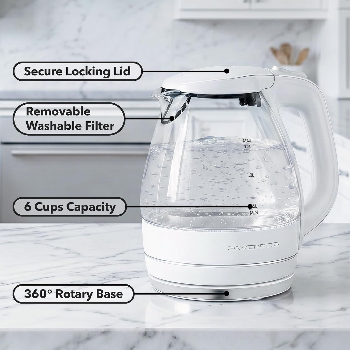 OVENTE 1.5L Glass Electric Kettle Water Boiler, Black KG83B | 1100W Fast Boiling, Borosilicate Glass, BPA-Free, Blue LED, Auto Shut-Off, Boil-Dry Protection, Removable Filter, 360° Base