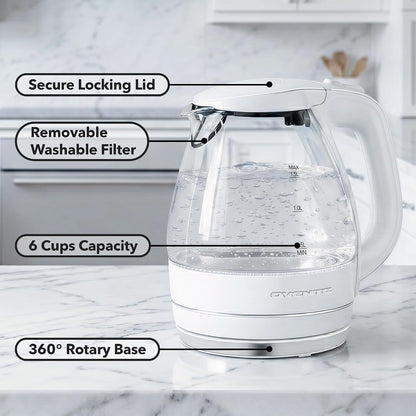 OVENTE 1.5L Glass Electric Kettle Water Boiler, Black KG83B | 1100W Fast Boiling, Borosilicate Glass, BPA-Free, Blue LED, Auto Shut-Off, Boil-Dry Protection, Removable Filter, 360° Base