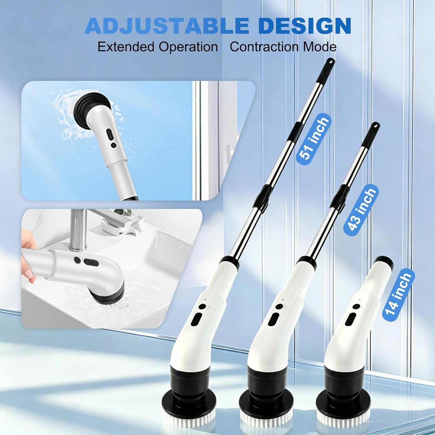Electric Spin Scrubber, Cordless Shower Scrubber with 9 Scrub Brushes, 2 Speed & Battery Level Display, Adjustable Extension Handle Power Scrubber for Bathroom Tile Tub Floor