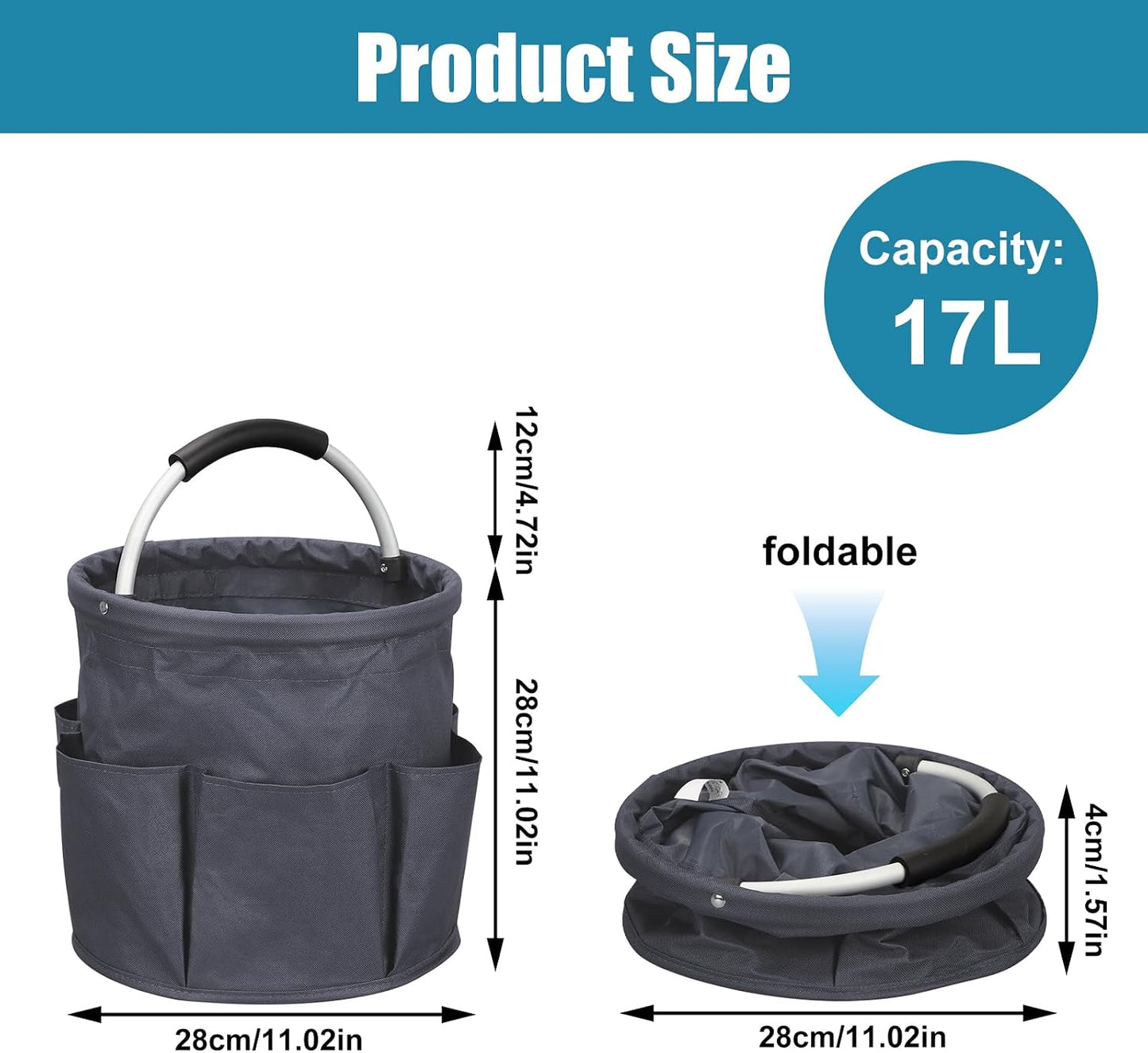 Qivine 17L Cleaning Caddy with Handle, Foldable Cleaning Supply Caddy(Blue) | Cleaning Caddy for Cleaning Supplies, Portable Cleaning Supplies Organizer with 6 Pockets, Cleaning Bucket for Kitchen Garden