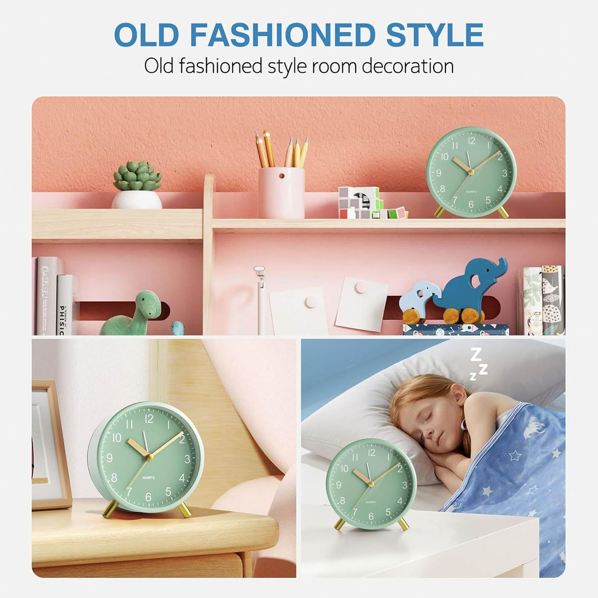 Silent Analog Quartz Kids Alarm Clock, Round Metal, Night Light